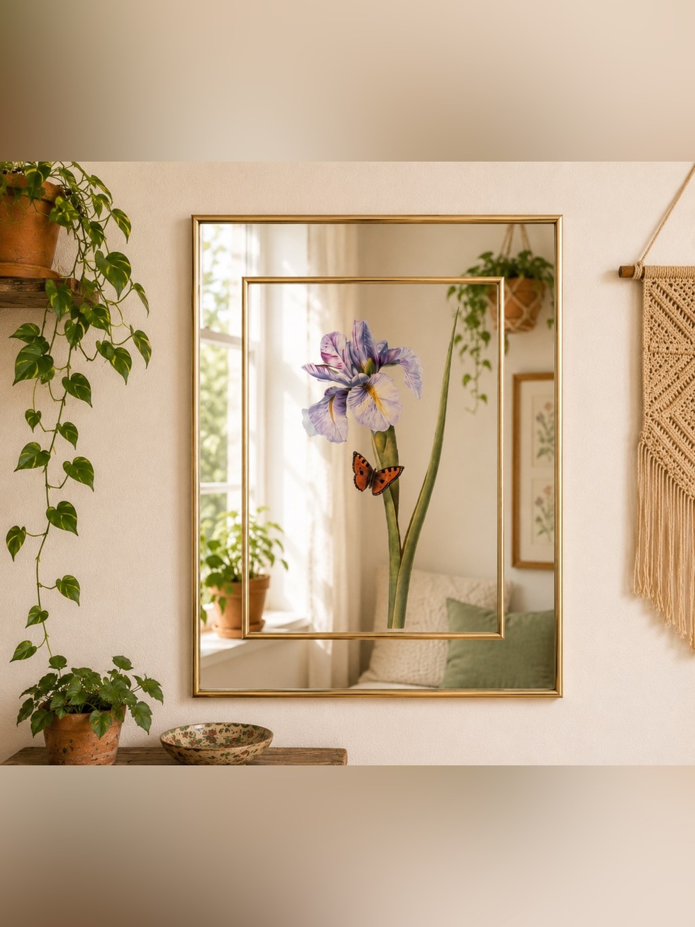 Vintage Butterfly Floral Wall Mirror Lily Gold Framed Cottagecore Boho 16x21”